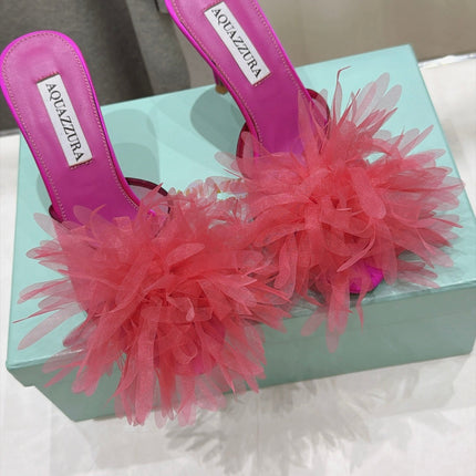 AQUAZZURA 26S BOUQUET HEELED SANDALS 80 MM IN PINK SATIN & CALFSKIN