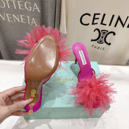 AQUAZZURA 26S BOUQUET HEELED SANDALS 80 MM IN PINK SATIN & CALFSKIN