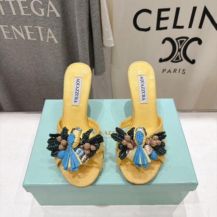 AQUAZZURA 26S FLORAL APPLIQUE SANDALS 80 MM IN YELLOW WOVEN FABRIC