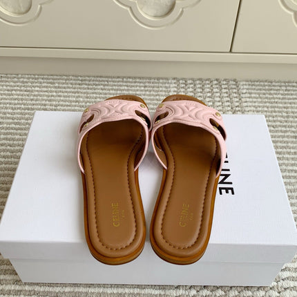 CELINE 26S TRIOMPHE SLIDE SANDALS IN LIGHT PINK CALFSKIN WITH TAN BROWN FOOTBED