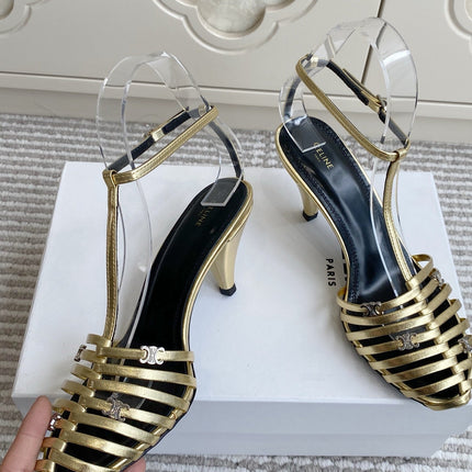 CELINE 26S CLEA TRIOMPHE GLADIATOR HEEL SANDALS 60 MM IN GOLD LAMBSKIN