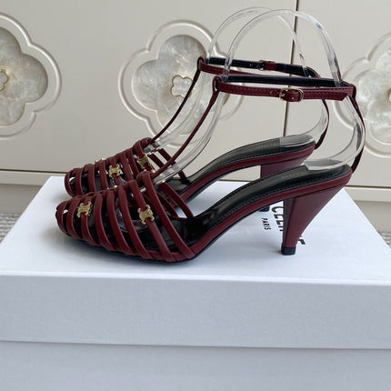 CELINE 26S CLEA TRIOMPHE GLADIATOR HEEL SANDALS 60 MM IN DARK RED LAMBSKIN