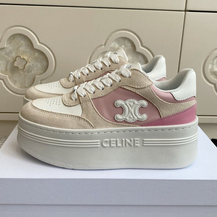 CELINE 26S WEDGE SNEAKERS 50MM IN WHITE PINK CALFSKIN AND BEIGE SUEDE