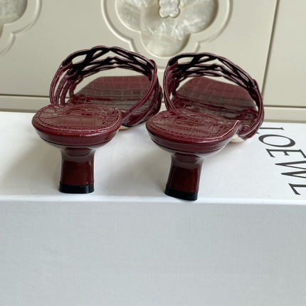 LOEWE 26S HIGH HEEL SANDALS 45MM IN BURGUNDY RED CROC-EMBOSSED PATENT CALFSKIN
