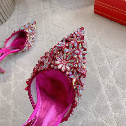 RENE CAOVILLA 26S HEELED SLINGBACKS 65 MM IN DARK PINK CRYSTAL FLOWERS
