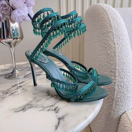 RENE CAOVILLA 26S CLEO HIGH HEELS SANDALS 95 MM IN DARK GREEN LAMBSKIN STYLE 15