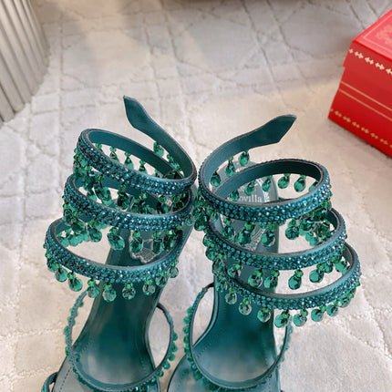 RENE CAOVILLA 26S CLEO HIGH HEELS SANDALS 95 MM IN DARK GREEN LAMBSKIN STYLE 15