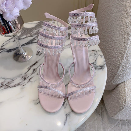 RENE CAOVILLA 26S CLEO HIGH HEELS SANDALS 95 MM IN LIGHT PINK LAMBSKIN STYLE 13