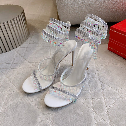 RENE CAOVILLA 26S CLEO HIGH HEELS SANDALS 95 MM IN WHITE LAMBSKIN STYLE 10