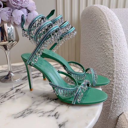 RENE CAOVILLA 26S CLEO HIGH HEELS SANDALS 95 MM IN GREEN LAMBSKIN