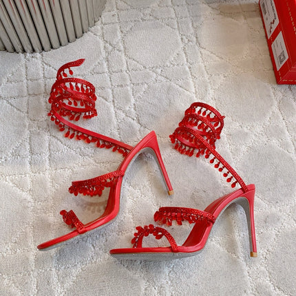 RENE CAOVILLA 26S CLEO HIGH HEELS SANDALS 95 MM IN RED LAMBSKIN STYLE 5
