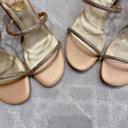 RENE CAOVILLA 26S RHINESTONE HIGH HEELS SANDALS 75 MM IN BEIGE LAMBSKIN