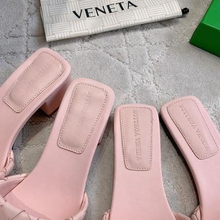 BOTTEGA VENETA 26S SQUARE-TOE SLIDE SANDALS IN PASTEL PINK LAMBSKIN