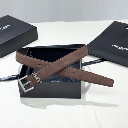 YSL 25S BELT 30 MM IN ASH BROWN SUEDE WITH SILVER HARDWARE 586766