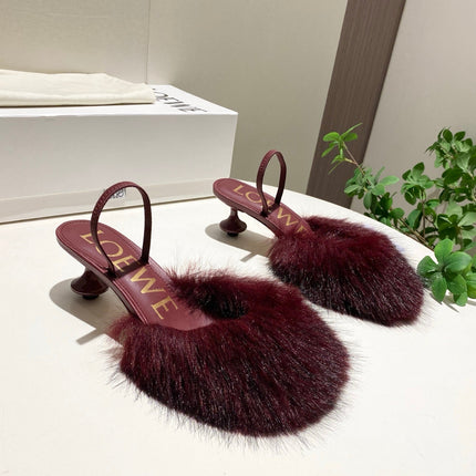 LOEWE 26S OPEN-BACK HIGH HEELS 60MM IN WINE RED CALFSKIN WITH FUR