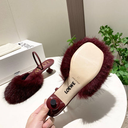 LOEWE 26S OPEN-BACK HIGH HEELS 60MM IN WINE RED CALFSKIN WITH FUR