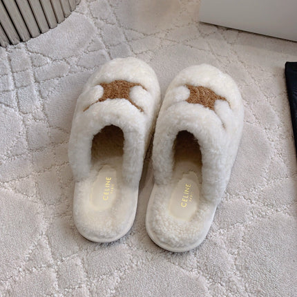 CELINE 26S MULES WITH LOGO IN WHITE AND BROWN WOOL