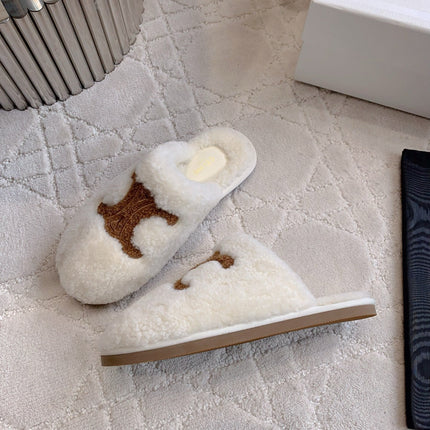 CELINE 26S MULES WITH LOGO IN WHITE AND BROWN WOOL