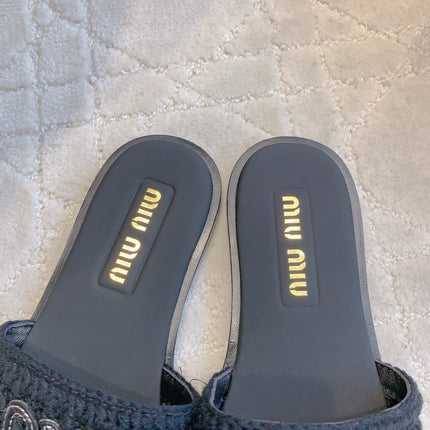 MIUMIU 26S SLIDE SANDALS IN BLACK CALFSKIN AND WOOL