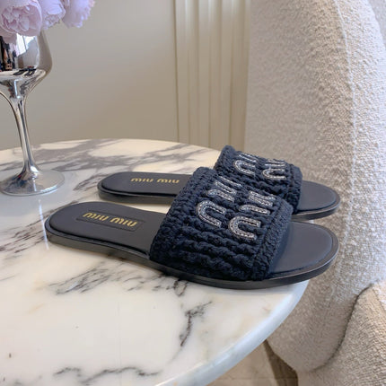 MIUMIU 26S SLIDE SANDALS IN BLACK CALFSKIN AND WOOL