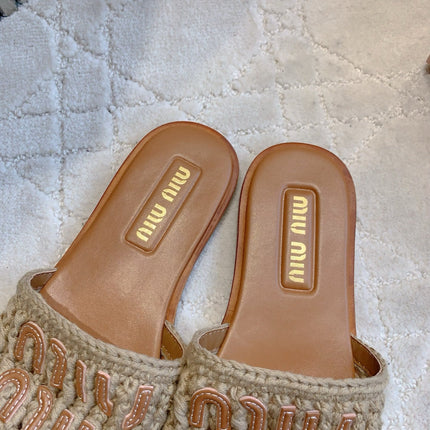 MIUMIU 26S SLIDE SANDALS IN LIGHT BROWN CALFSKIN AND WOOL