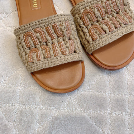 MIUMIU 26S SLIDE SANDALS IN LIGHT BROWN CALFSKIN AND WOOL
