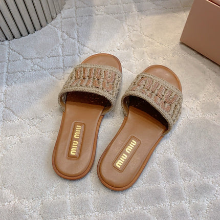 MIUMIU 26S SLIDE SANDALS IN LIGHT BROWN CALFSKIN AND WOOL