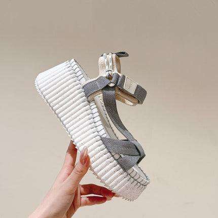 CHLOÉ 26S WEDGE SANDALS IN WHITE LAMBSKIN AND GREY CANVAS