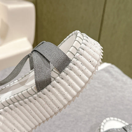 CHLOÉ 26S WEDGE SANDALS IN WHITE LAMBSKIN AND GREY CANVAS
