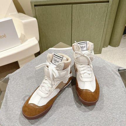 CHLOÉ 26S HIGH-TOP SNEAKERS IN WHITE CALFSKIN AND BROWN SUEDE
