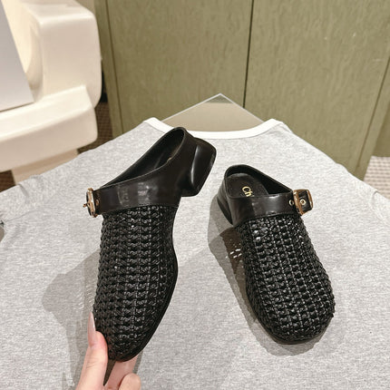 CHLOÉ 26S WOVEN MULES IN BLACK CALFSKIN