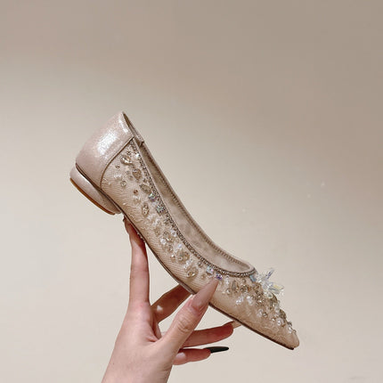 RENE CAOVILLA 26S BALLET FLATS IN BEIGE LACE FABRIC CRYSTAL EMBELLISHED