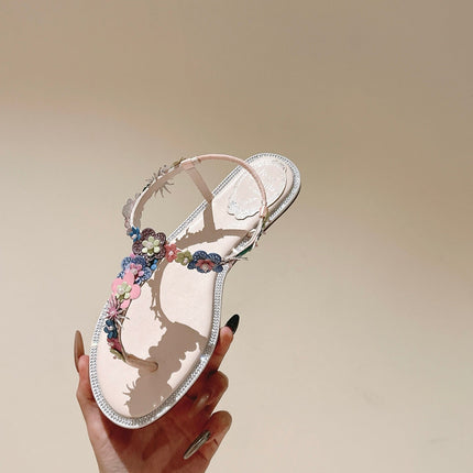 RENE CAOVILLA 26S THONG SANDALS IN NUDE PINK LAMBSKIN FLORAL EMBELLISHED STRAP