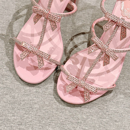 RENE CAOVILLA 26S HEELED SANDALS 75 MM IN LIGHT PINK LAMBSKIN WITH BOW