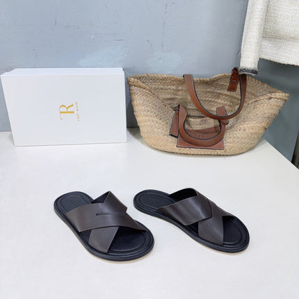 THE ROW 26S SLIDES SANDALS IN DARK BROWN CALFKIN