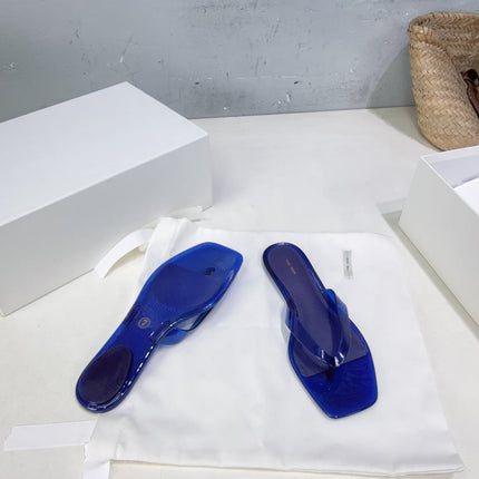 THE ROW 26S SQUARE TOE THONG SANDALS IN TRANSLUCENT BLUE PVC WITH SILVER FOOTBED