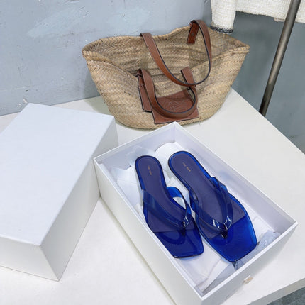 THE ROW 26S SQUARE TOE THONG SANDALS IN TRANSLUCENT BLUE PVC WITH SILVER FOOTBED
