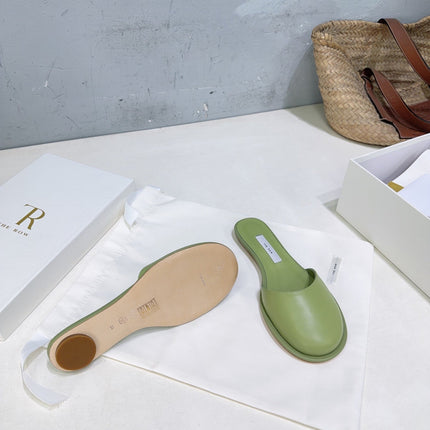 THE ROW 26S ROUND TOE MULE FLATS IN SAGE GREEN SMOOTH CALFSKIN