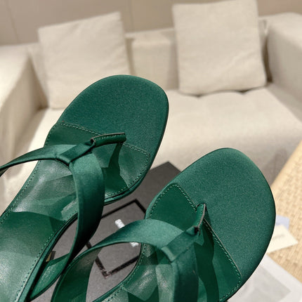 YSL 26S HEELED THONG SANDALS 85 MM IN DARK GREEN SATIN