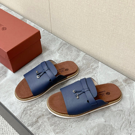 LP 26S LOCK CHARM SLIDES IN NAVY BLUE CALFSKIN SILVER HARDWARE