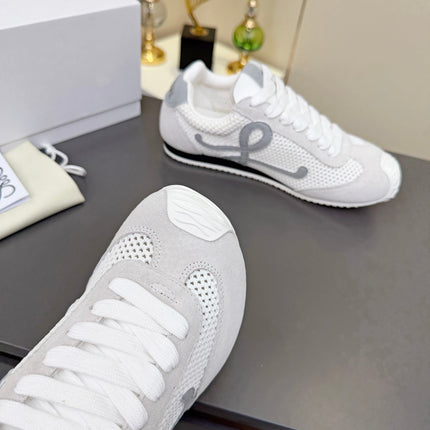 LOEWE 26S RUNNER 2.0 SNEAKERS IN LIGHT GREY SUEDE AND WHITE MESH FABRIC