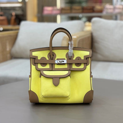 HM 25S BIRKIN CARGO 25 CM IN YELLOW CANVAS AND BROWN SWIFT WITH SILVER HARDWARE