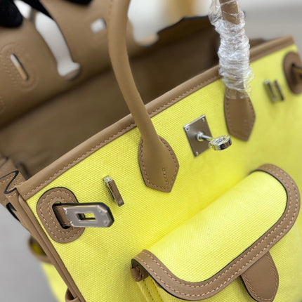HM 25S BIRKIN CARGO 25 CM IN YELLOW CANVAS AND BROWN SWIFT WITH SILVER HARDWARE