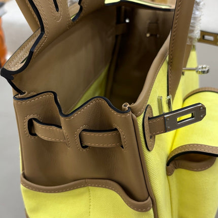 HM 25S BIRKIN CARGO 25 CM IN YELLOW CANVAS AND BROWN SWIFT WITH SILVER HARDWARE