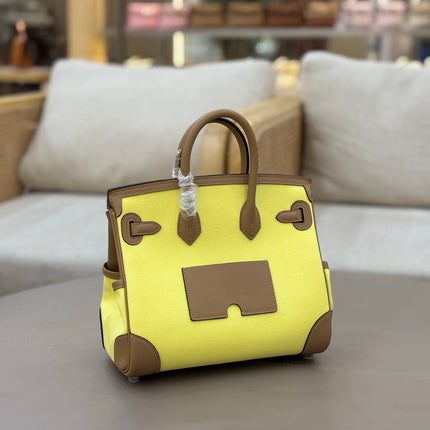 HM 25S BIRKIN CARGO 25 CM IN YELLOW CANVAS AND BROWN SWIFT WITH SILVER HARDWARE