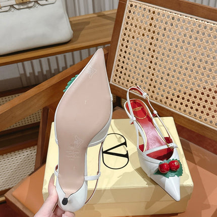 VALENTINO 26S SLINGBACKS 45 MM IN WHITE CALFSKIN CHERRY DETAILS