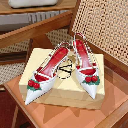 VALENTINO 26S SLINGBACKS 45 MM IN WHITE CALFSKIN CHERRY DETAILS