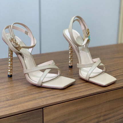 GIANVITO ROSSI 26S CRYSTAL HEELS 105 MM IN BEIGE LAMBSKIN