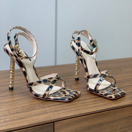 GIANVITO ROSSI 26S CRYSTAL HEELS 105 MM IN LEOPARD PRINT PATENT LAMBSKIN