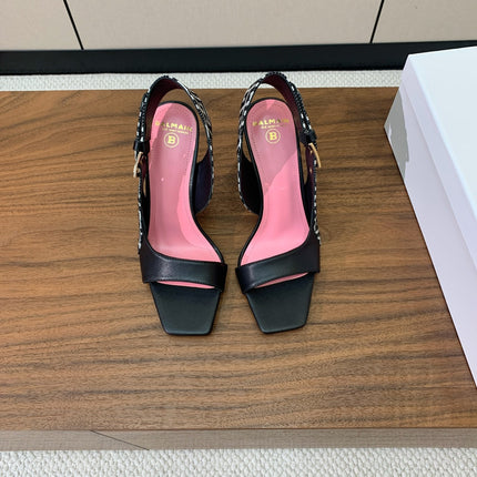 BALMAIN 25S JACQUARD KNIT SLINGBACK PUMPS 95MM IN BLACK AND PINK CALFSKIN